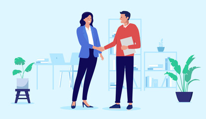 Aufkleber - Deal and agreement handshake - Two professional business people, man and woman shaking hands in office work setting while smiling and being friendly. Flat design vector stock illustration