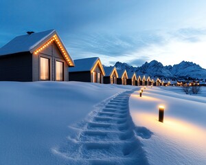 Snowcovered village with twinkling lights, cozy and festive