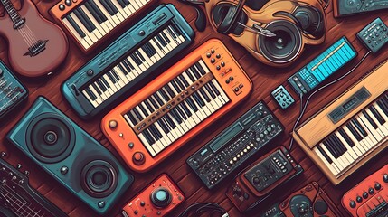 Wall Mural - Music Studio Flat Lay with Instruments and Equipment