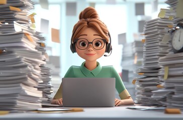 3D cartoon woman sitting at a desk with a laptop
