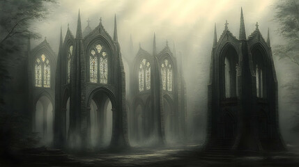 A mysterious, gothic church ruins shrouded in fog.