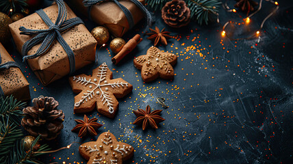 Christmas festive background. A table covered with a variety of cookies and star shaped cookies. The cookies are decorated with icing and sprinkles