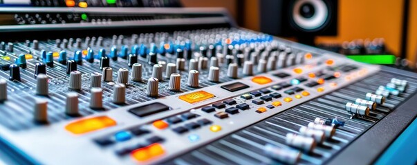 A close-up of an audio mixing console featuring various knobs and sliders, designed for sound engineering and music production.