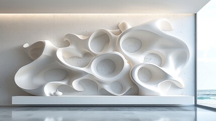 Poster - 3D render of white abstract wavy shapes on the wall, simple background.