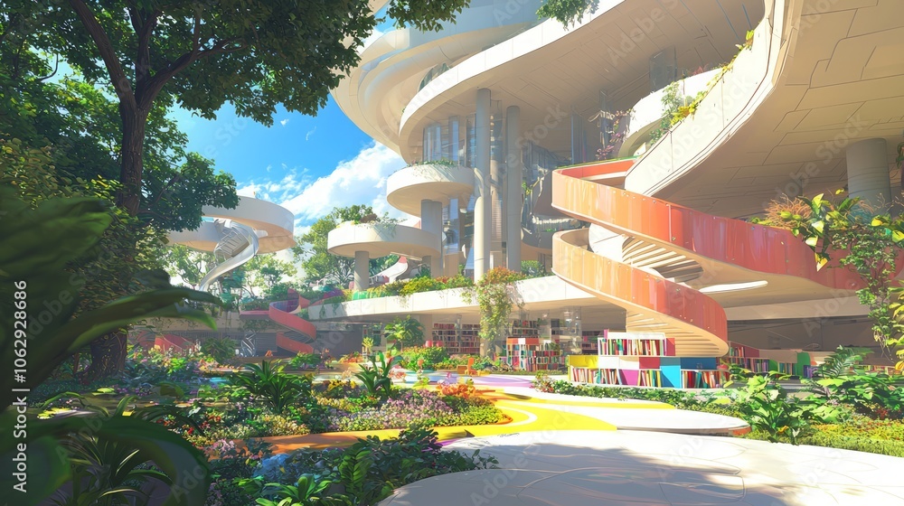 Futuristic Retro Public Library: 3D Render With Open Spaces, Spiral ...