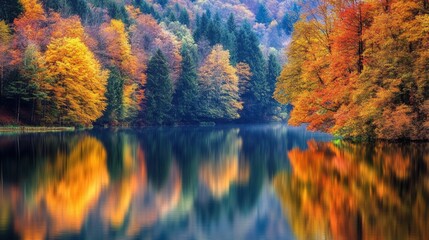 A serene lakeside view, where the colorful leaves of autumn are mirrored