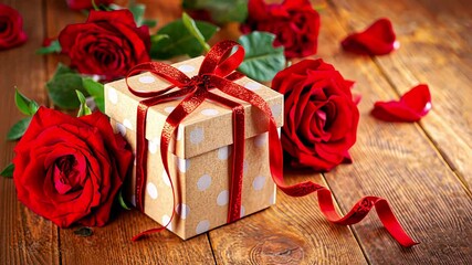 Wall Mural - Beautiful red roses, gift box on festive bokeh background. Valentine's day or Mother's day concept