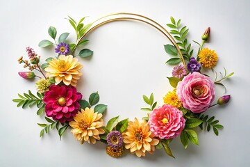 Wall Mural - Botanical wreath with gold outline and colorful blossom