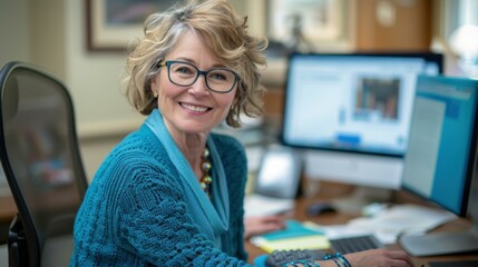 Wall Mural - A woman smiles while working at a computer. AI.