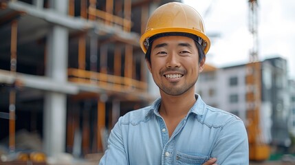 Fototapete - A smiling handsome designer man of Asian appearance in special clothes and a hard hat stands, a high-rise building construction site in the background.