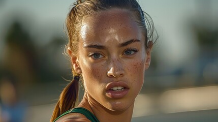 a female athlete in mid-stride on a track, her face showing intense focus and determination, muscles