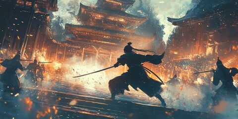 Canvas Print - Samurai battling in fiery temple ruins.