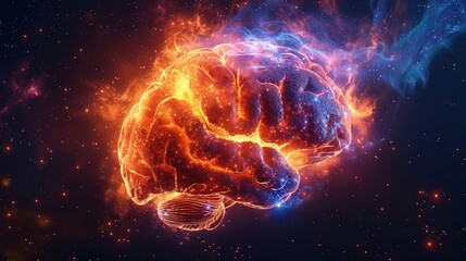 Wall Mural - A fiery human brain with glowing blue and orange sparks against a starry sky. AI generative. .