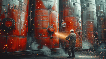 Poster - A worker using an angle grinder grinding against large rusty red tanks on a wall in a disused factory setting. Banks of lights, water spray and smoke.