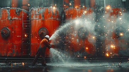 Poster - A worker using an angle grinder grinding against large rusty red tanks on a wall in a disused factory setting. Banks of lights, water spray and smoke.