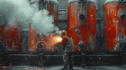Poster - A worker using an angle grinder grinding against large rusty red tanks on a wall in a disused factory setting. Banks of lights, water spray and smoke.