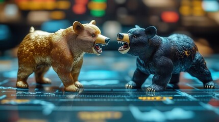 two bear figurines face off on a colorful background, symbolizing a confrontation, possibly represen