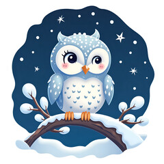 Wall Mural - The wise owl observes the serene winter landscape under a starry night sky, digital illustration of whimsical fantasy concept.