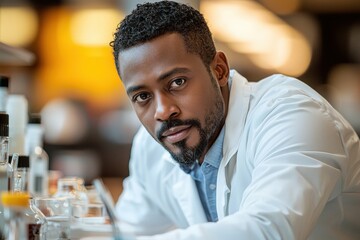 Confident scientist in lab coat conducting research in modern laboratory