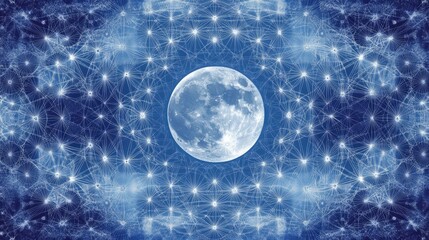 Lunar geometric patterns create a celestial dance illuminated by a soft sky blue glow, offering stunning visuals with ample space for creative projects and designs.