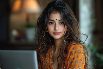 Smiling woman with laptop in elegant ethnic attire at home