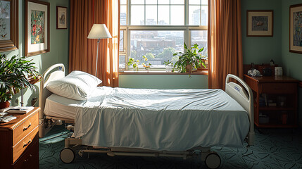 hospital bed in a sunny room with large window