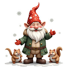 Join the joyful gnome and his furry friends in a winter wonderland of magic and cheer , digital illustration of fantasy characters concept.