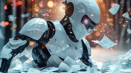 Aufkleber - A futuristic, minimalistic AI robot with a sleek design, spitting out endless streams of fake papers.