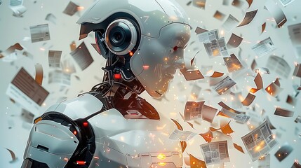 Aufkleber - A futuristic, minimalistic AI robot with a sleek design, spitting out endless streams of fake papers.