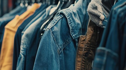 Wall Mural - Rack of clothes with a blue jacket on the top. The jacket is blue and has a yellow stripe