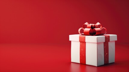 Wall Mural - White box with red ribbon on top sits on a red background. The box is a gift and the red ribbon adds a festive touch