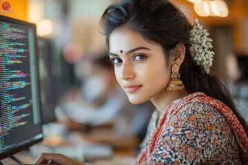 Confident female programmer in traditional attire working in a modern office