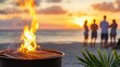 © PBMasterDesign - Fiery grill at beach during sunset with friends enjoying the evening.