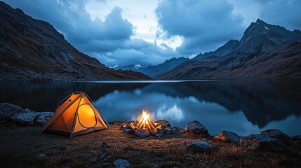 Wall Mural - cozy camping scene with a tent and campfire by a tranquil lake at dusk.