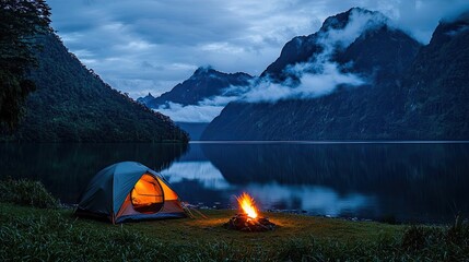Wall Mural - camping scene with a tent and campfire by a serene lake at dusk.