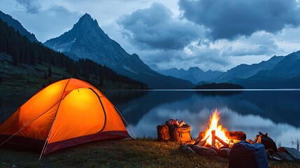Wall Mural - cozy camping scene at night with tent and campfire by the lake and mountains.
