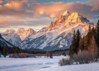 Vibrant Morning Landscape of Majestic Snow-Covered Mountains Under Warm Golden Sunrise Light