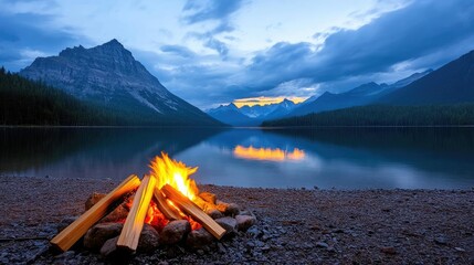 Wall Mural - beautiful campfire by tranquil lake with mountains in the background at dusk.