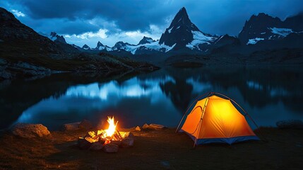 Wall Mural - tent beside a campfire near a tranquil lake and mountains at night.