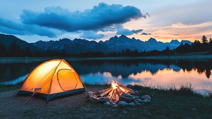 Wall Mural - camping tent beside a campfire by the lake at sunset, scenic mountain backdrop.