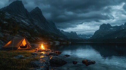 Wall Mural - serene lakeside camping scene with mountains and a glowing campfire at dusk.