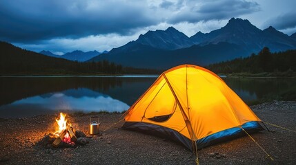 Wall Mural - camping tent illuminated by fire near a serene lake and majestic mountains.