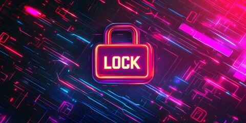 a glowing neon padlock with the word 'lock' on a futuristic background.