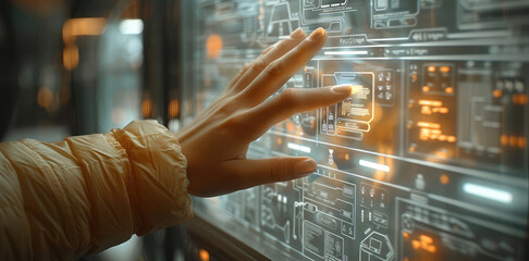 Poster - A person touches a transparent screen with diagrams on it.