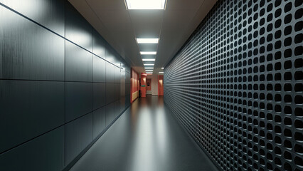 Aufkleber - Interior of modern office. The walls are covered with black soundproofing mats. The floor is dark gray. The soffit is light gray with modern light.