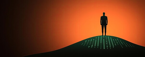 Silhouette of a businessman on a digital landscape with an orange gradient background.