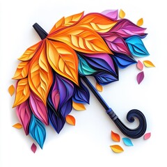 Paper Art umbrella, layered craft design, colorful and isolated on white.