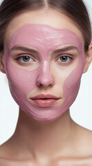 Wall Mural - woman with facial mask, portrait of a woman with a mask, young and beautiful woman with a pink clay mask on her face, makeup, home care,