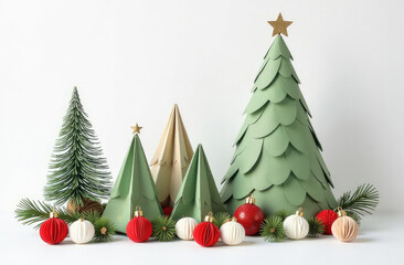Wall Mural - colorful paper christmas trees and ornaments displayed for festive holiday decoration