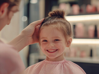 Illustration Professional barber is lifting hair to cut a cute little girl's hair. She smiles happily , Children's hairdresser